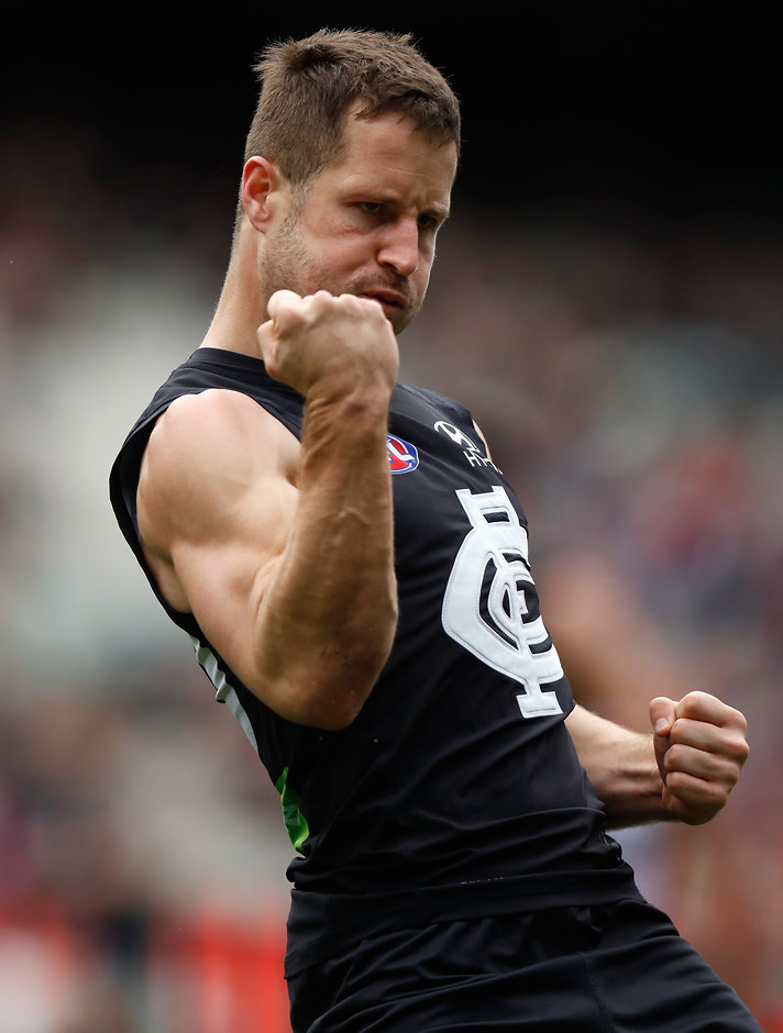 Photographers Choice - AFL 2016 Rd 22 MELBOURNE, AUSTRALIA - AUGUST 21: Matthew Wright of the Blues celebrates a goal during the 2016 AFL Round 22 match between the Carlton Blues and the Melbourne Demons at the Melbourne Cricket Ground on August 21, 2016 in Melbourne, Australia. (Photo by Michael Willson/AFL Media)